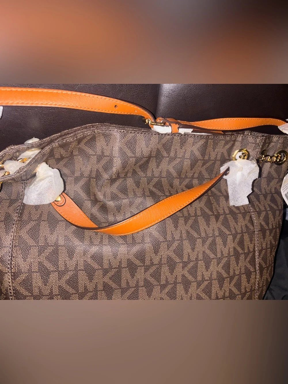 Michael Kors Brown MK Monogram Tote with Orange Straps